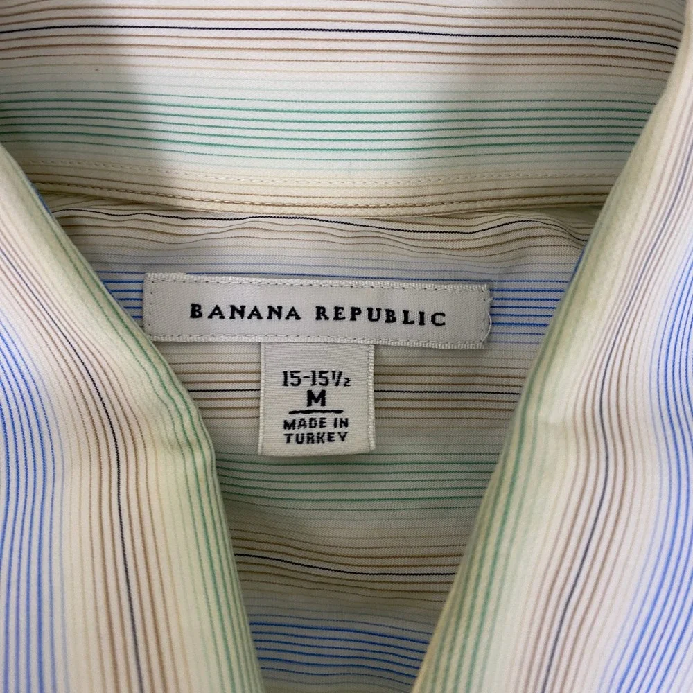 Banana Republic Button Down Shirt Mens M 15-15.5 Striped Blue Green White Cotton